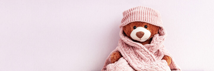 Brown plush teddy bear in knitted sweater and hat, autumn and winter season. Stuffed soft toy...