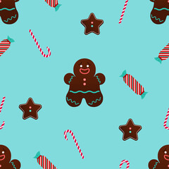 Christmas seamless vector pattern in flat design Traditional Christmas symbols: gingerbread men and candy cane