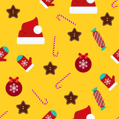 Bright Christmas wrapping Vector illustration in flat design Seamless pattern with New year symbols: santa hats, candy canes, gingerbreads, mittens and baubles