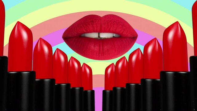 Red lipstick with rainbow background and lips