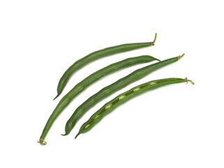 Four green bean pods on a white background