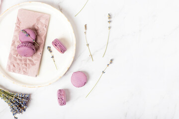 Sweet French pink chocolate with lavender and macaroon