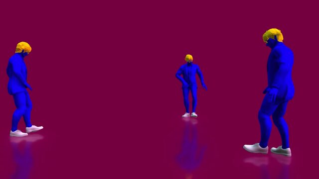 Male dance group performs in blue costumes. Pop and dance mood. The camera moves around. 3D Rendering Animation.