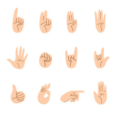 Set of cartoon hands of different gestures. Light skin hand movements one finger, two, three, four, five, fist, thumb up and others. Vector stock illustration isolated on white background.