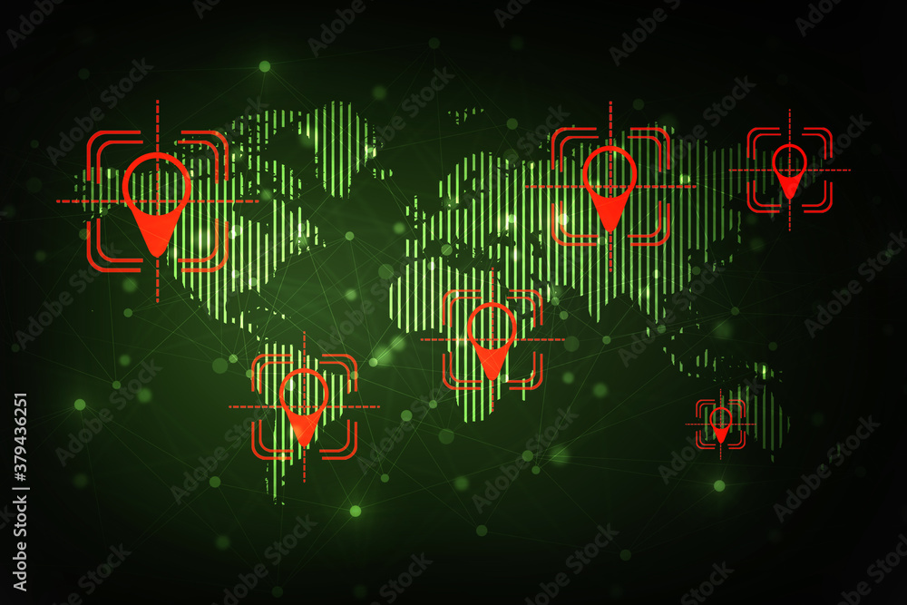 Poster 2d rendering red map pointer with world map
