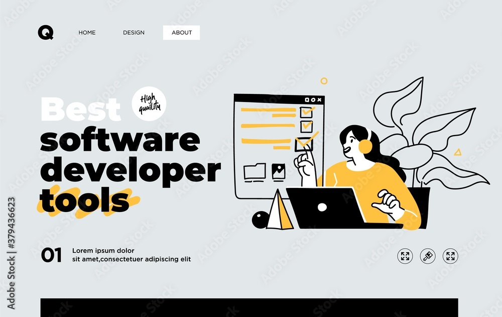 Fototapete Presentation slide template or landing page website design. Business concept illustrations. Modern flat outline style. Software development tools