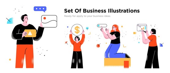 Business Concept illustrations. Collection of scenes with men and women taking part in business activities. Trendy vector style.