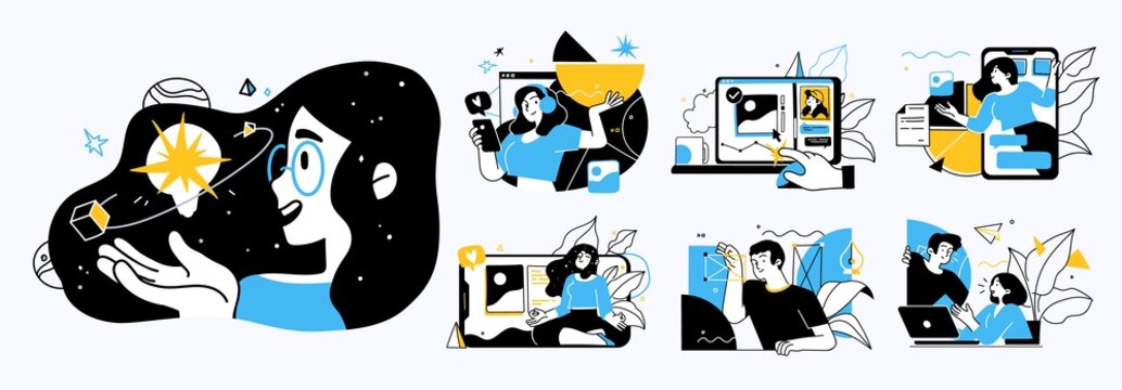 Business Concept illustrations. Collection of scenes with men and women taking part in business activities. Trendy vector style.