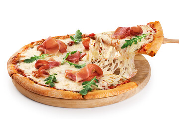 Pizza Capricciosa with parma ham isolated on white background. Take a slice of pizza with melted cheese.