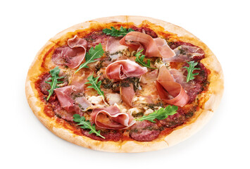 Pizza Capricciosa isolated on white background.