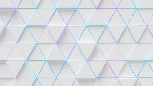 Elegant Triangles Surface Loop 1 Multicolor: group of many white triangles over glowing magenta and blue grid. Abstract triangular background. 3D animation of triangles. Seamless loop. 4K