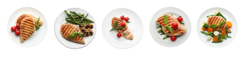 Set of grilled chicken breasts on white background, top view. Banner design - obrazy, fototapety, plakaty