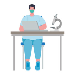 man doctor with mask and microscope at desk design of medical care and covid 19 virus theme Vector illustration