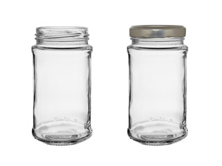 Set of two glass jars on a white background. One can is closed with a metal lid
