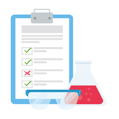 laboratory flask with document and glasses design, Chemistry substance science research technology biology equipment and test theme Vector illustration