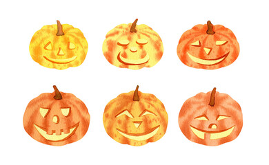 Set of halloween pumpkins for party decor. Hand drawn watercolor