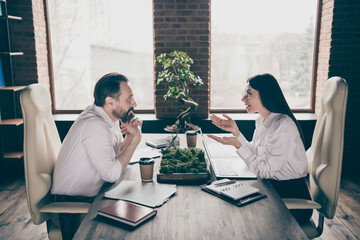 Profile side view of nice attractive cheerful classy stylish people discussing planning project...