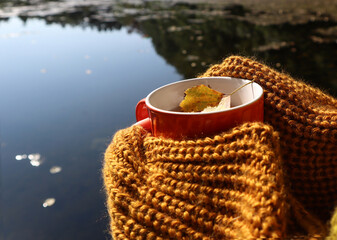 Mug in hand in a knitted jacket on the background of a forest lake, close - up-the concept of a...