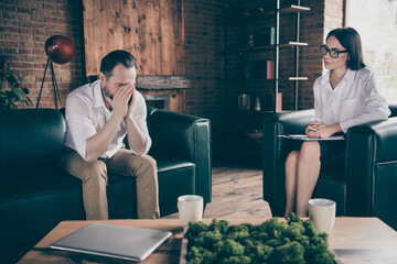 Portrait of his he her she nice attractive stylish people guy meeting coacher counselor life...