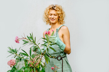 Portrait of positive charming female gardener wear mint gloves caressing blooming oleander tree in...