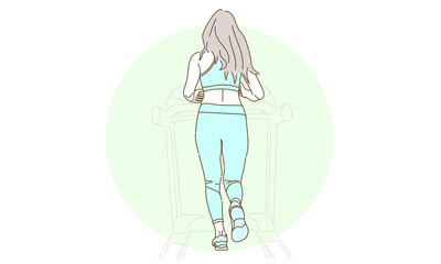 Back view of a beautiful young woman training on treadmill at gym, Concept of healthy lifestyle, simple flat vector illustration