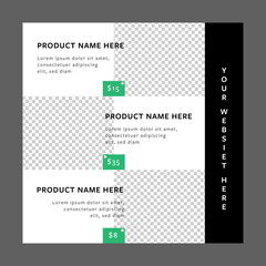 Social media square layout with photo placeholders. Product promo for business, modern editable vector elements.