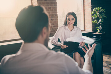 Photo of concentrated man guy tell speak psychotherapist session problems complaining need...
