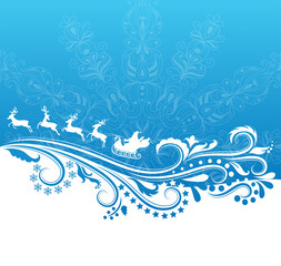 Silhouette of a santa on a sledge and the pattern on the blue background with snowflake.