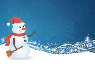 Cute snowman standing on a blue background with pattern and sparkles.
