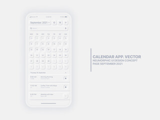 Vector Calendar App Page September 2021 Year with To Do List and Tasks Conceptual UI UX Neumorphic Design Mockup on White Background. Neumorphism Light Components Planner Application For Mobile Phone