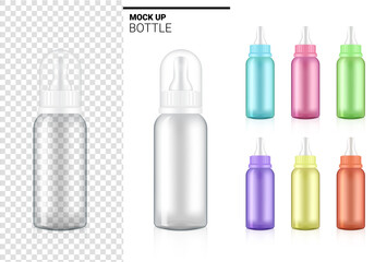 3D Transparent Baby Bottle Mock up Realistic for Milk Drink and Box for Product on White Background Illustration. Health Care and Beverage Concept Design.