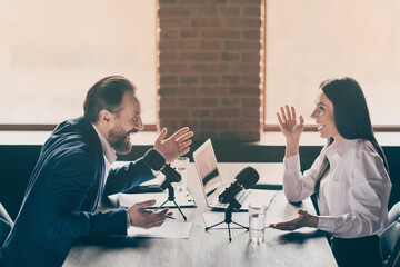 Profile photo of two people businessman business lady journalist press conference friendly speak...