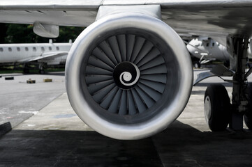 Close up of airplane engine in an airfield