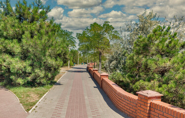 Park alley in Chornomorsk, Ukraine.