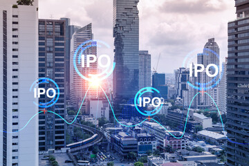 IPO icon hologram over panorama city view of Bangkok, the hub of initial public offering in Asia....