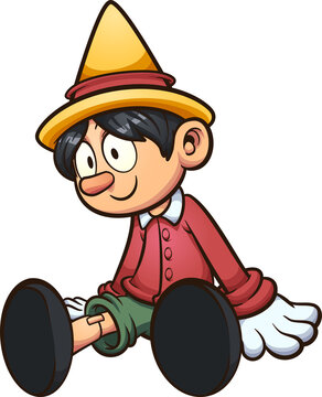 Cartoon Pinocchio marionette sitting with lifeless expression. Vector clip art illustration with simple gradients. All on a single layer.
