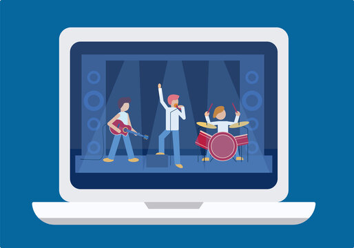 Online concert music festival on laptop screen. Male rock band playing drums, electric guitar. Famous singer sings into microphone. Remote party. Teleconference. Quarantine. Vector flat illustration