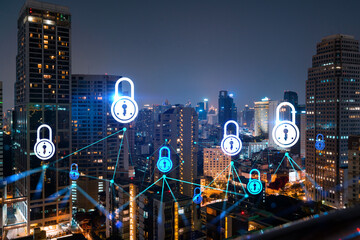 Fototapeta na wymiar Glowing Padlock hologram, night panoramic city view of Bangkok, Asia. The concept of cyber security to protect companies. Double exposure.