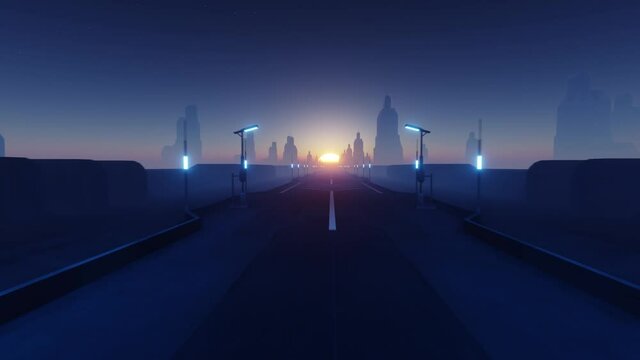 Fast drive on futuristic highway road past tall skyscraper buildings towards setting sunset, seamless looping