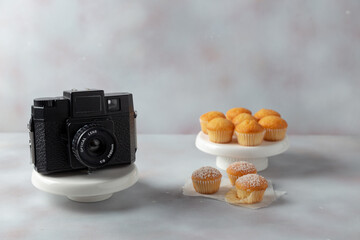 mini muffins and vintage camera