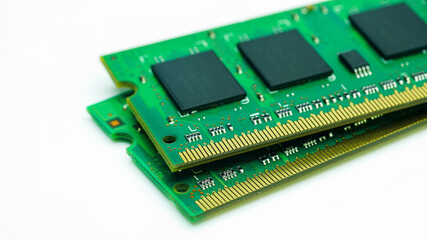 Close-up,computer RAM, system memory computer detail, high resolution, isolated on white background.