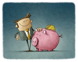 Businessman with a mascot that is a big piggy bank with a coin on his back. Concept of loving savings. - 379446679