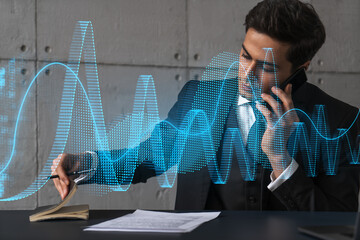 Man office use talk phone graph chart financial drawing concept. Double exposure.