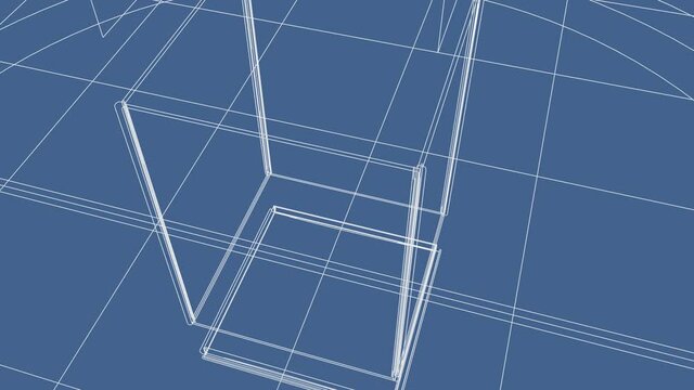 3d animation, Box with air balloon logo, wireframe (blueprint)
