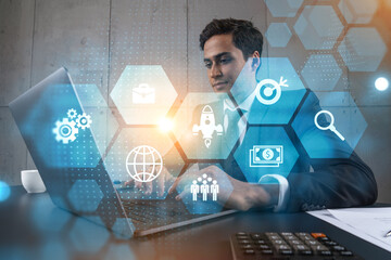 Businessman in office working with laptop, develop fintech approach to business, typing computer...
