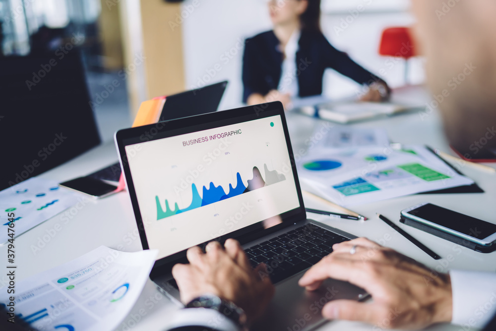Poster cropped image of male analyst browsing business infographics during working process with statistics 