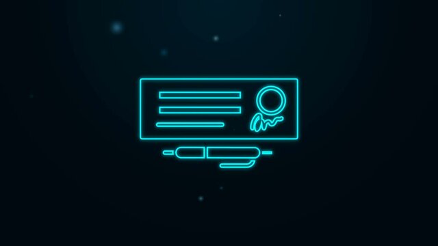 Glowing neon line Blank template of the bank check and pen icon isolated on black background. Checkbook cheque page with empty fields to fill. 4K Video motion graphic animation