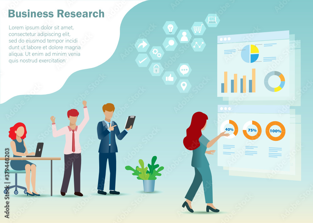 Poster group of research and development man and woman analysing business from virtual graph charts. idea f