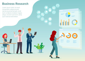 Group of research and development man and woman analysing business from virtual graph charts. Idea for futuristic digital technology in R&D strategic business solution.  