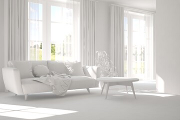 White room with sofa. Scandinavian interior design. 3D illustration